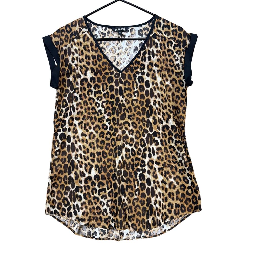Express Womens Blouse Brown Cheetah Print V Neck Cap Sleeve Stretch Small
